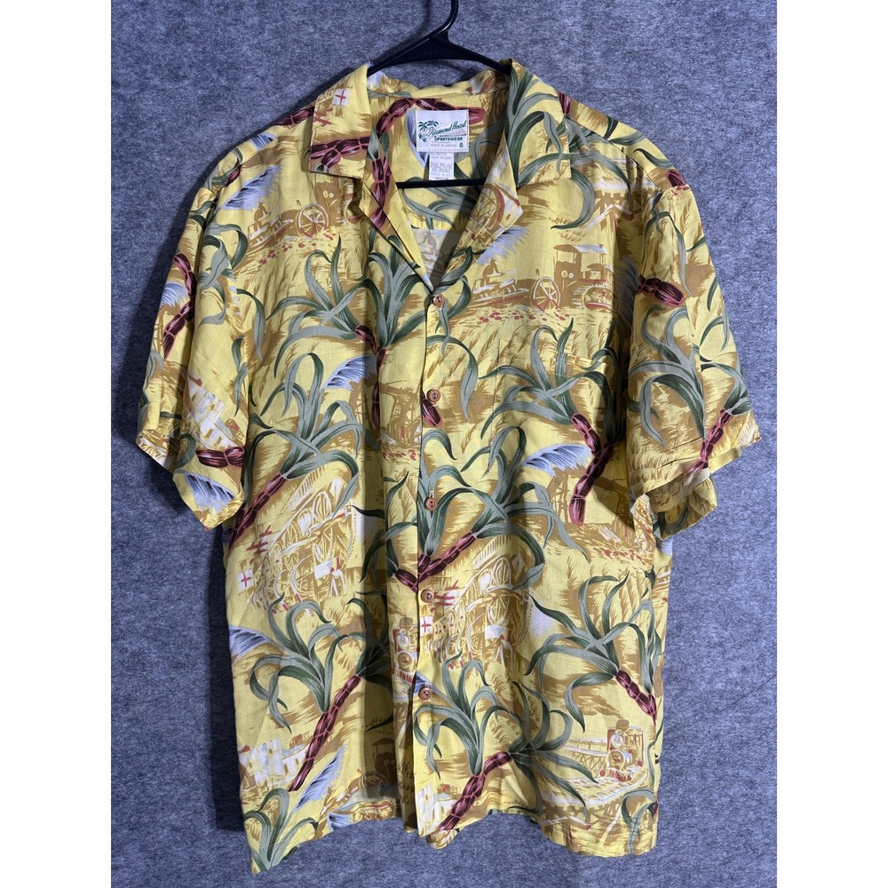 Diamond Head Sportswear Floral Aloha Hawaiian Button Up Shirt Mens Yellow Medium